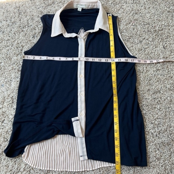 Pinque High Low Women’s Button Down Collared Tank Top Navy Blue Cream White M - Picture 4 of 6
